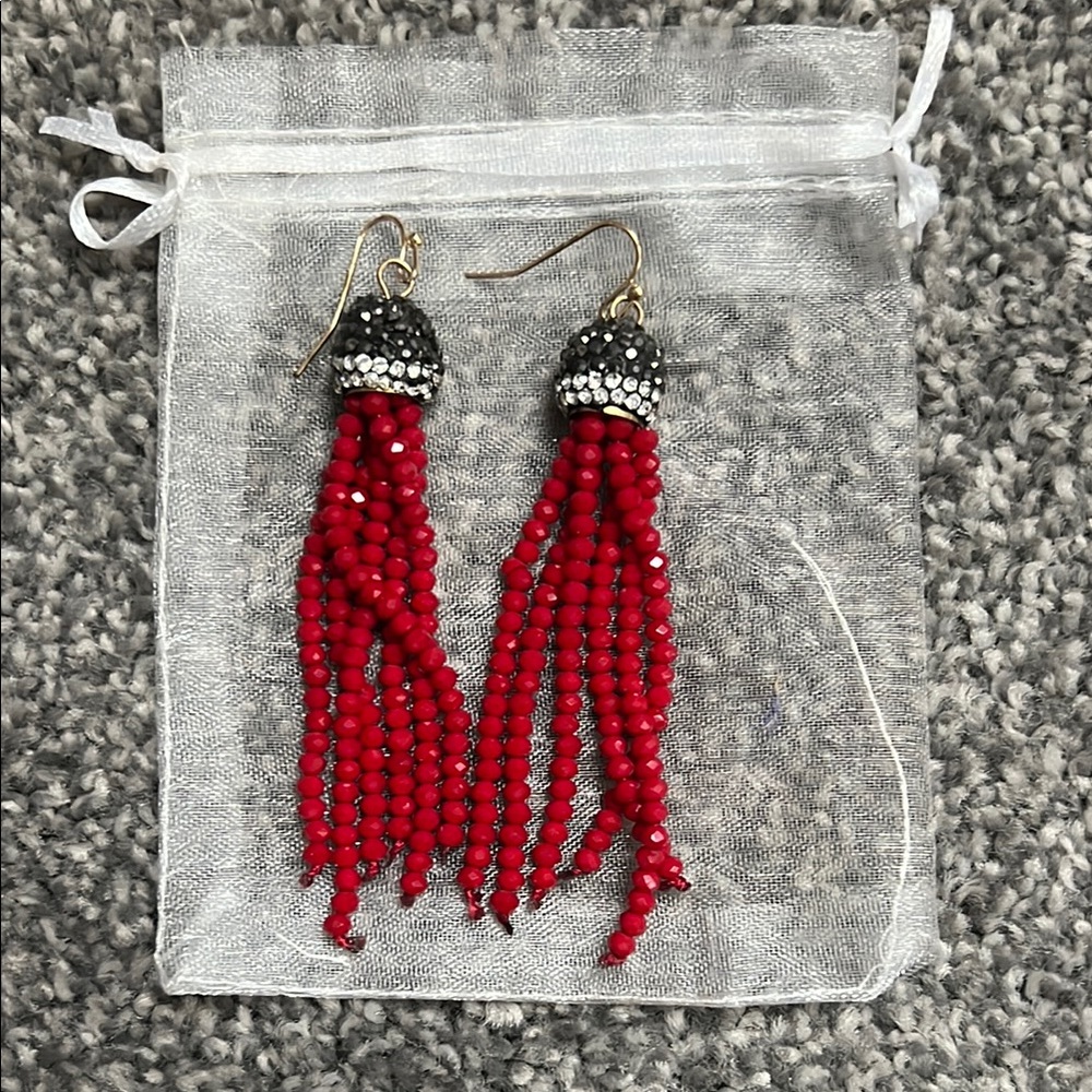 Red Beaded Tassel Drop Earrings - Women Jewelry